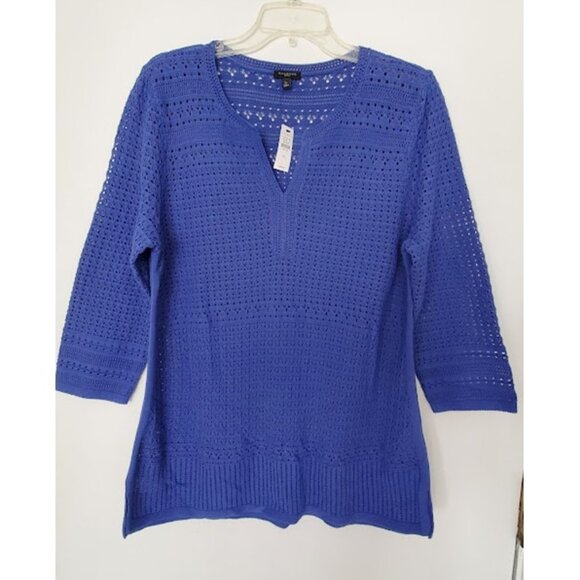 NWT Talbots 3/4 Sleeve Blue Split-Neck Open-Stitch Tunic Sweater - Size PL - Picture 2 of 7